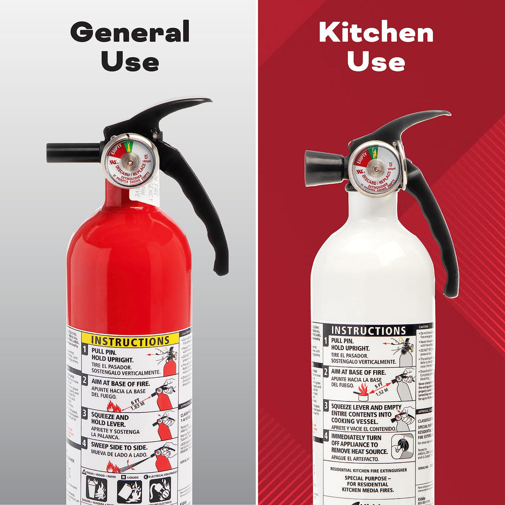 Kidde white kitchen extinguisher with flared nozzle reduces oil splatter