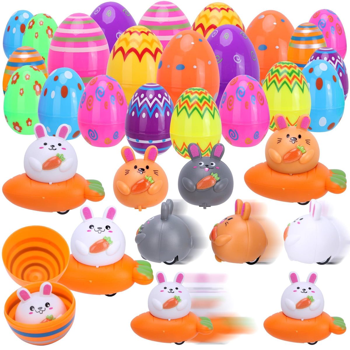 Kiddelo 12-pack Easter eggs with pull-back toys brighten Easter egg hunts