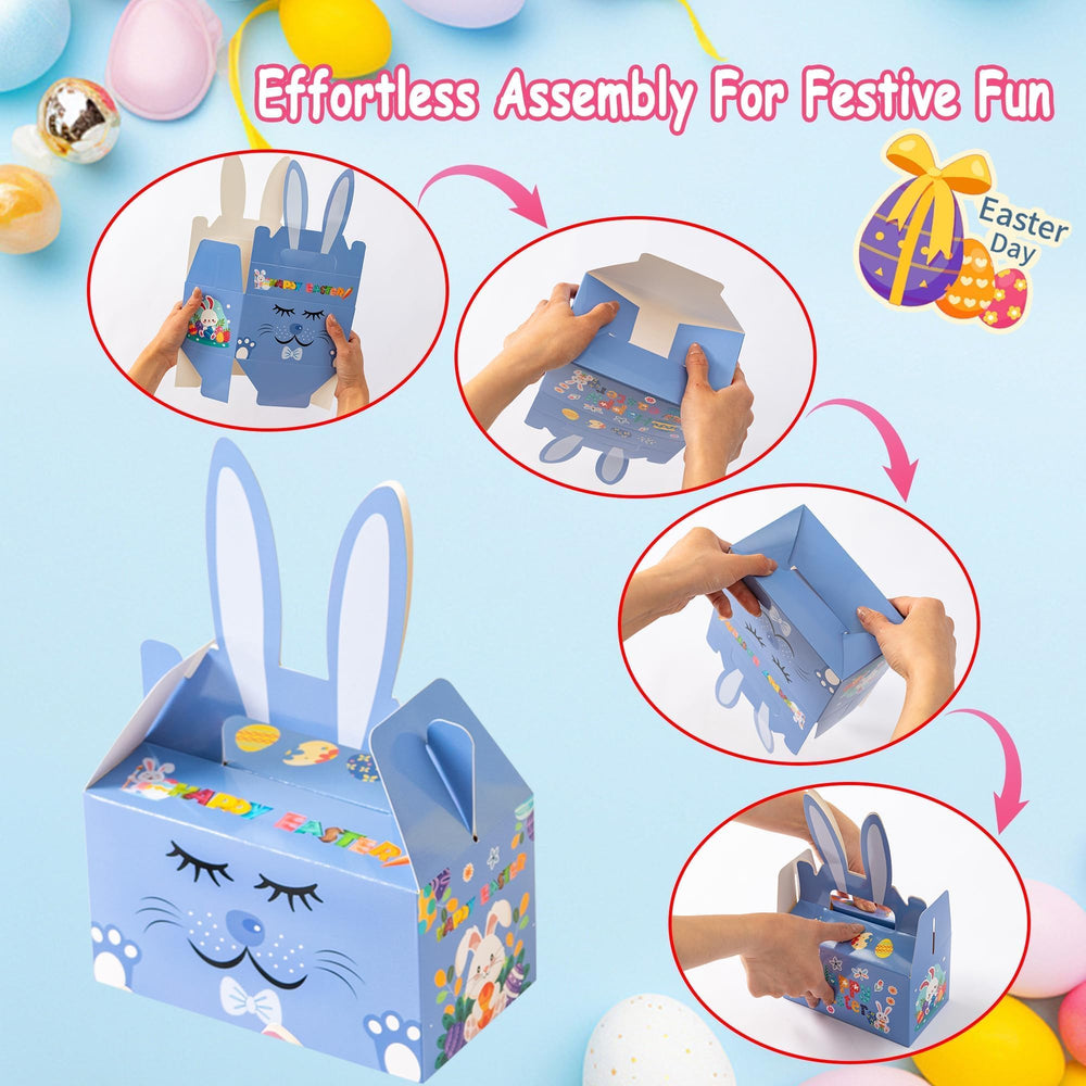 Kiddelo rabbit treat boxes flat-pack, easy to assemble for quick party prep.