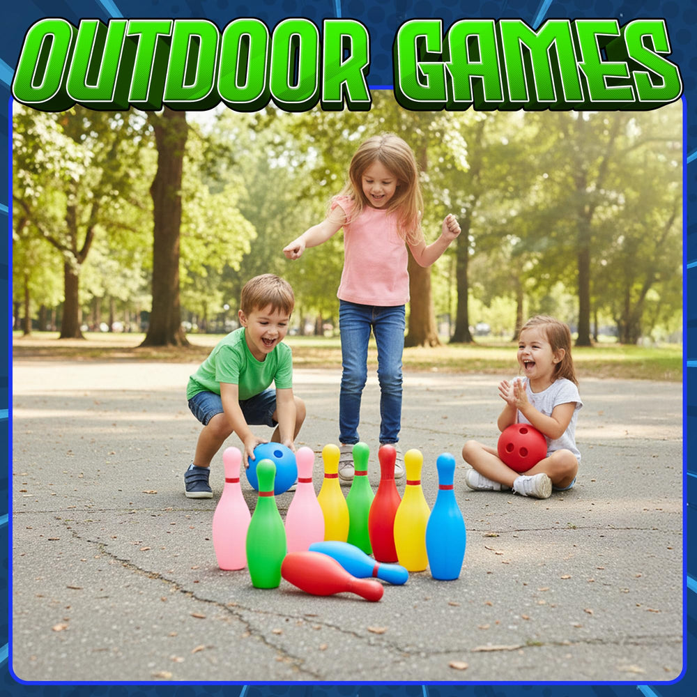KiddieLoot family game night-ready bowling set for kids 3 and up.