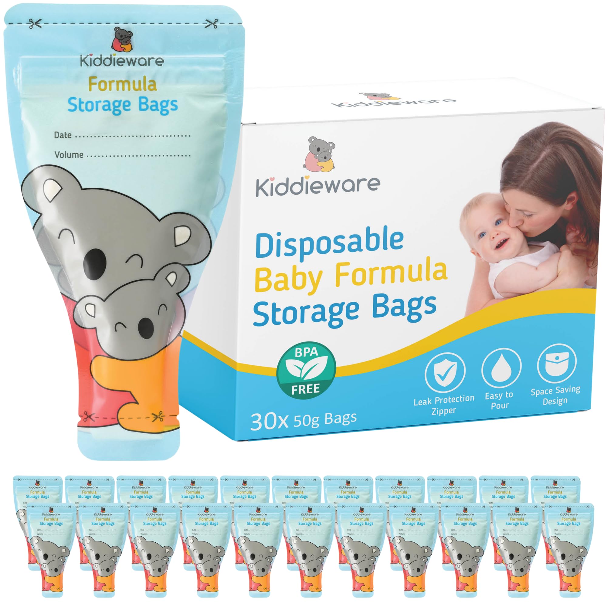 Kiddieware baby formula storage bags with stand-up design for easy upright storage