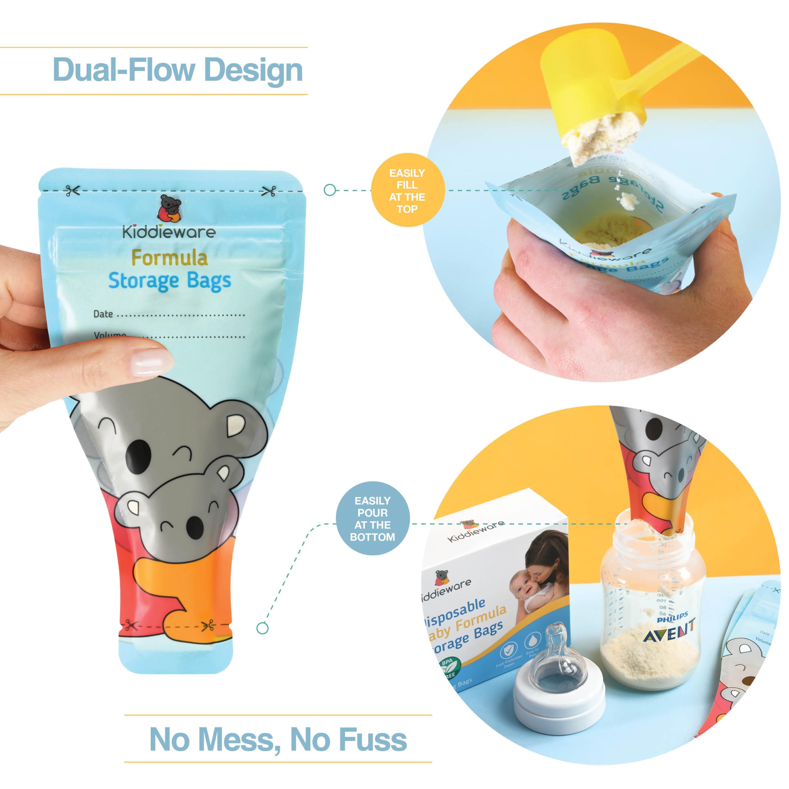 Kiddieware bags with wide opening for simple pouring and filling