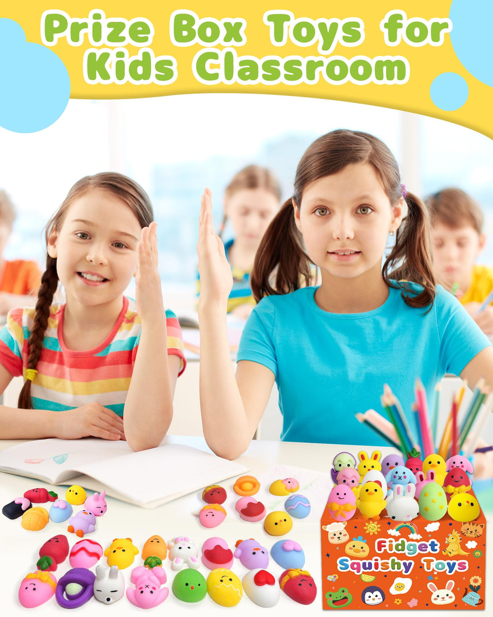 Kidific Easter squishy toy display, ideal classroom prizes and party favors.