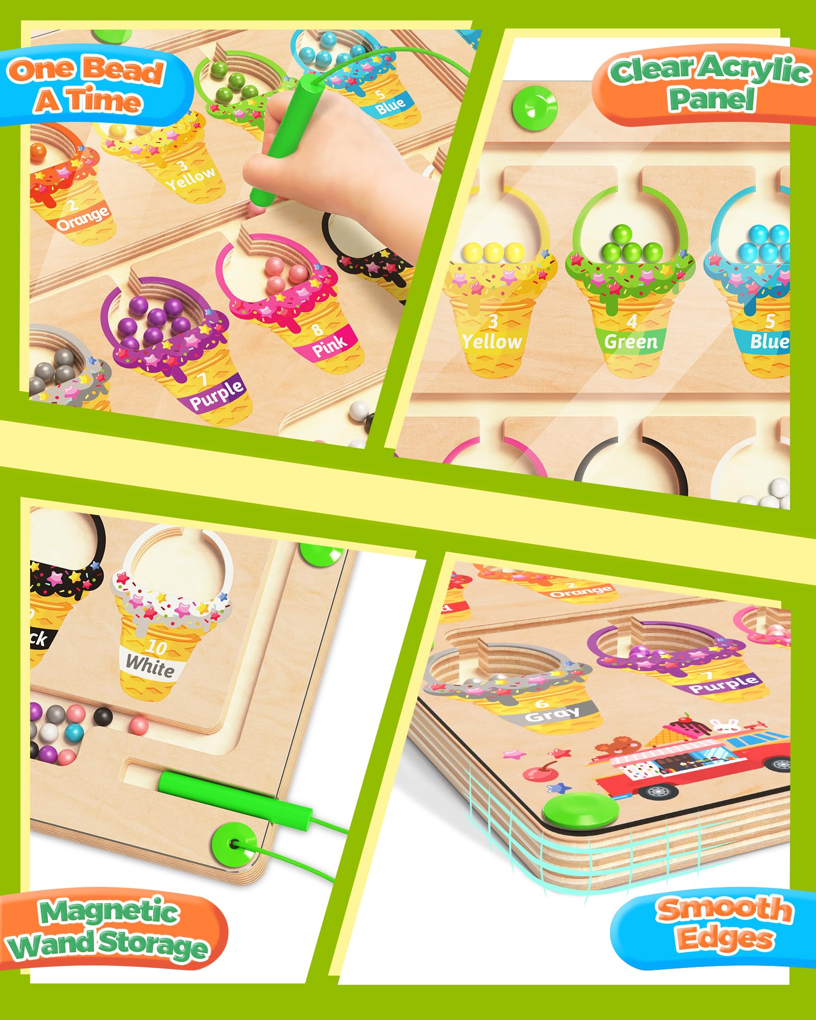 Kidific Magnetic Color and Number Maze clear acrylic panel keeps beads secure.