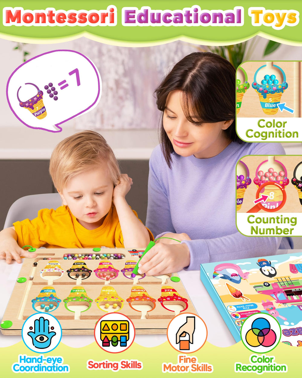 Kidific Magnetic Color and Number Maze ice cream cones illustrate color-quantity matching.