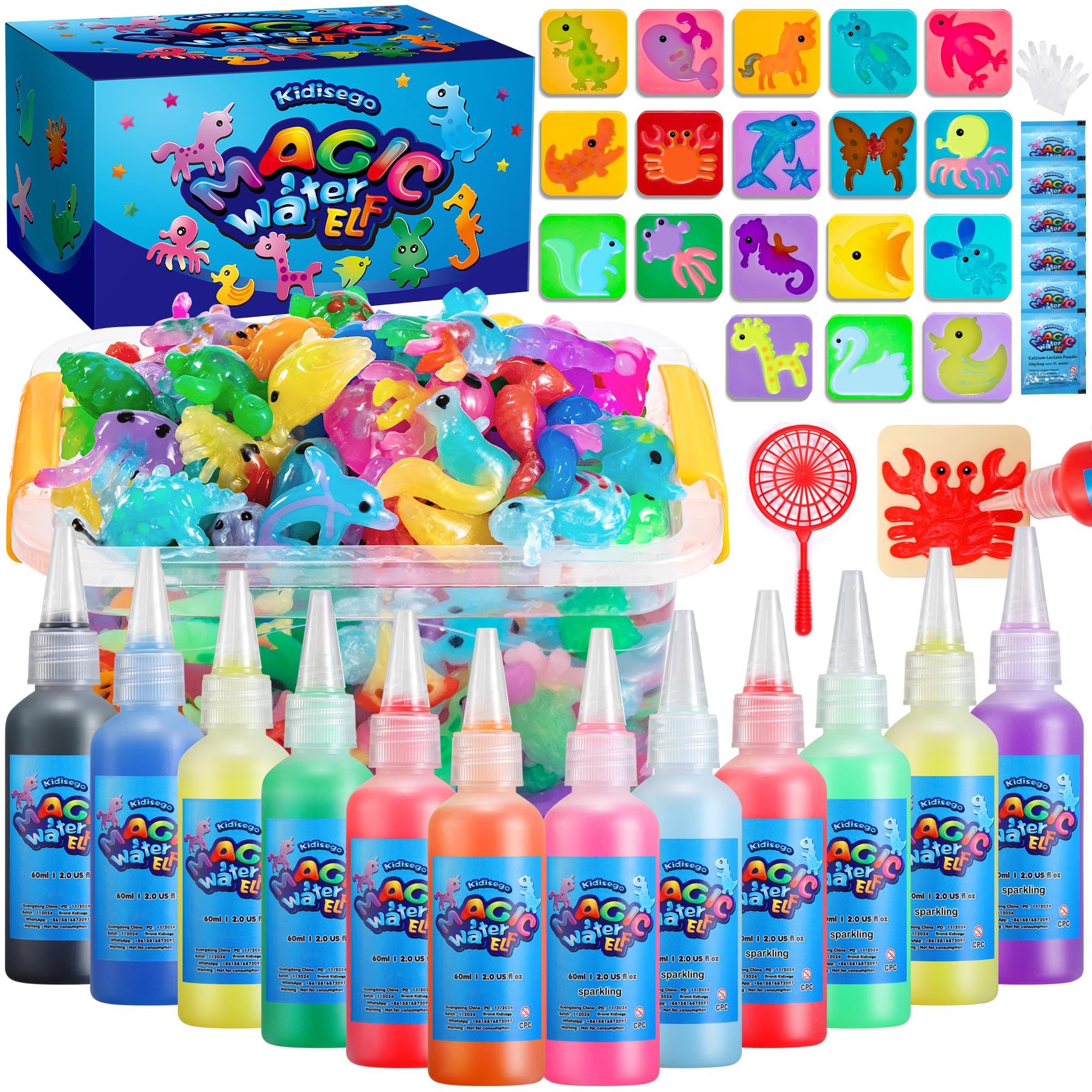 Kidisego Aqua Fairy Water Gel Kit bottles in 12 colors for creative play and sensory exploration
