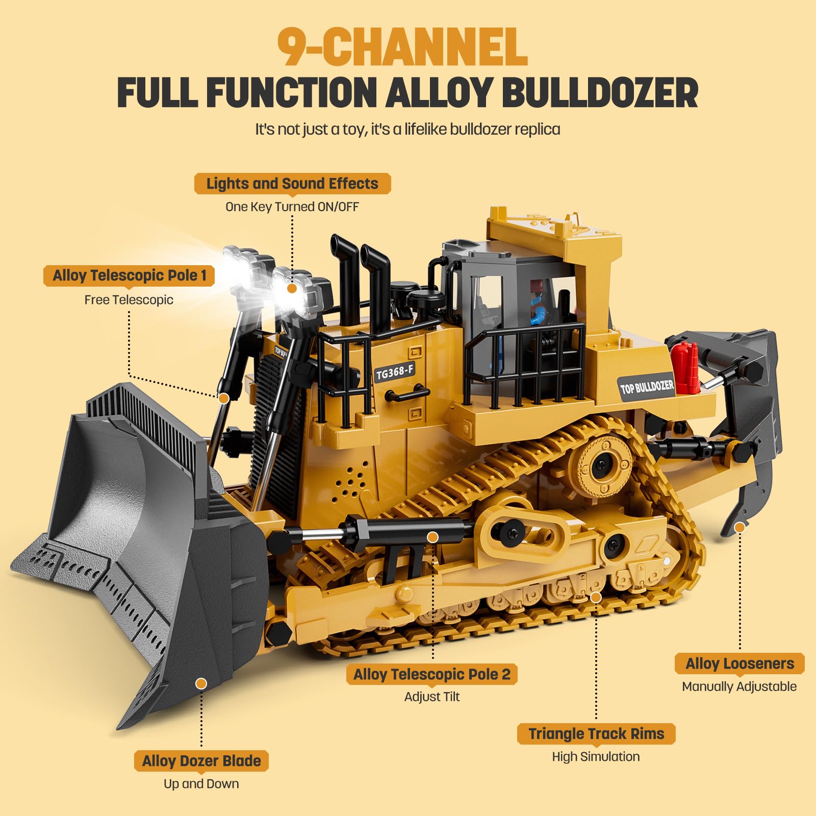 KIDMARKT metal RC Bulldozer rear view showcasing rugged build