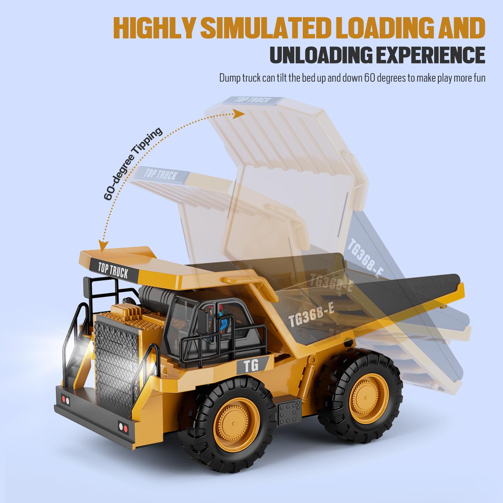 KIDMARKT RC Dump Truck metal-body close-up shows premium alloy construction