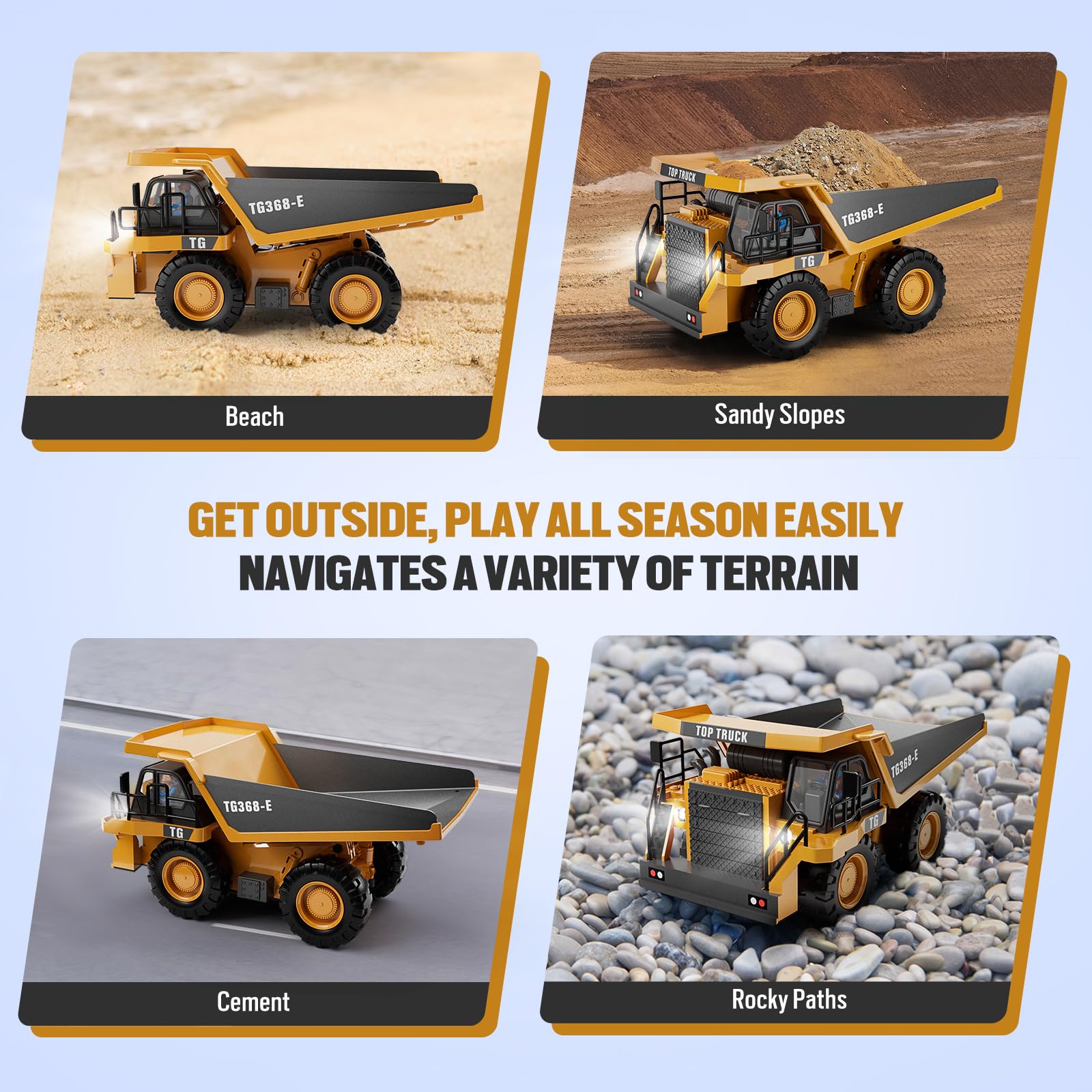 KIDMARKT RC Dump Truck outdoor-play scene shows versatility on carpet and soil