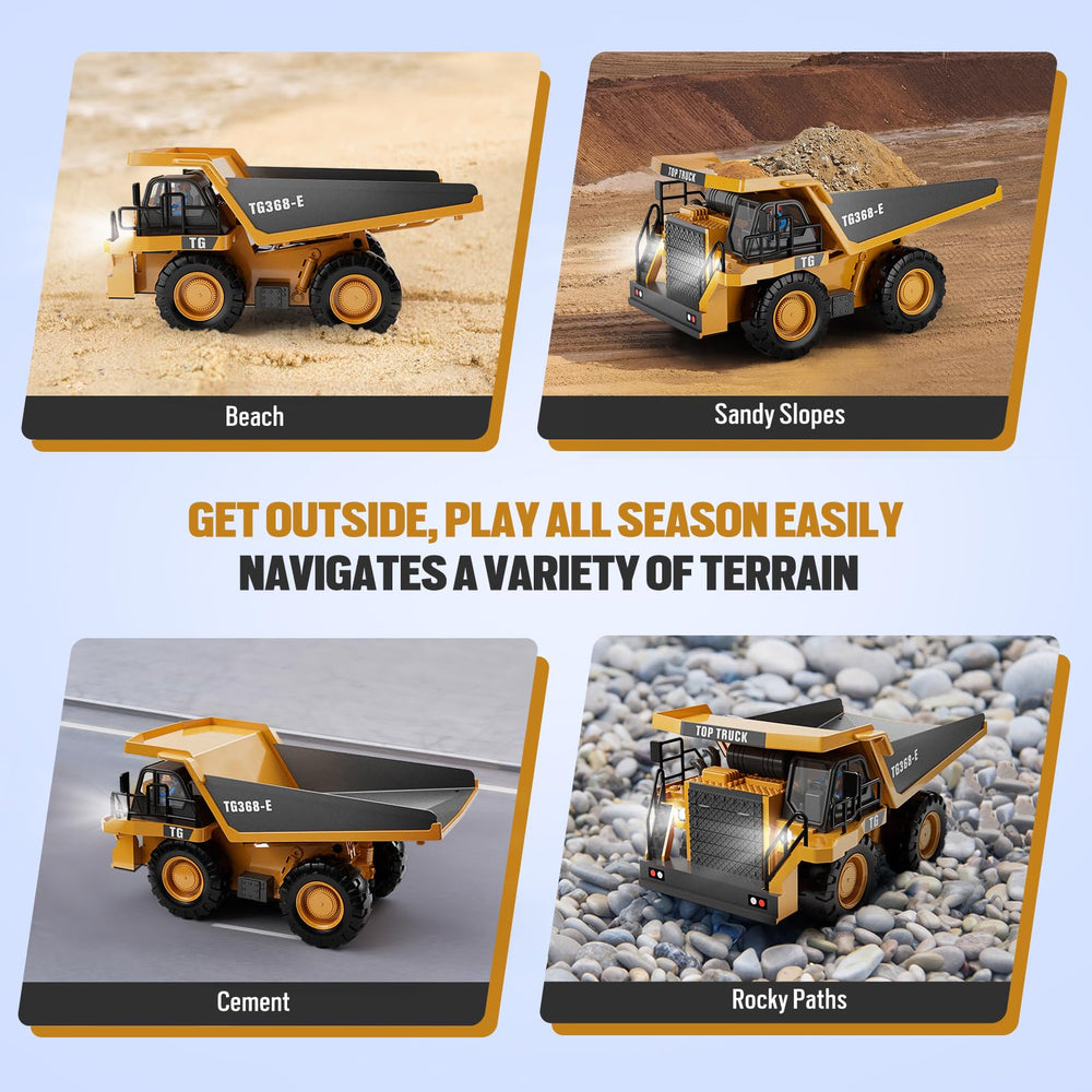 KIDMARKT RC Dump Truck outdoor-play scene shows versatility on carpet and soil