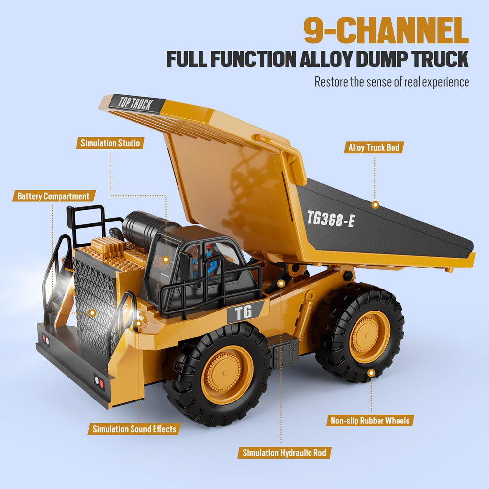 KIDMARKT RC Dump Truck right-side view emphasizes robust tires and steering control