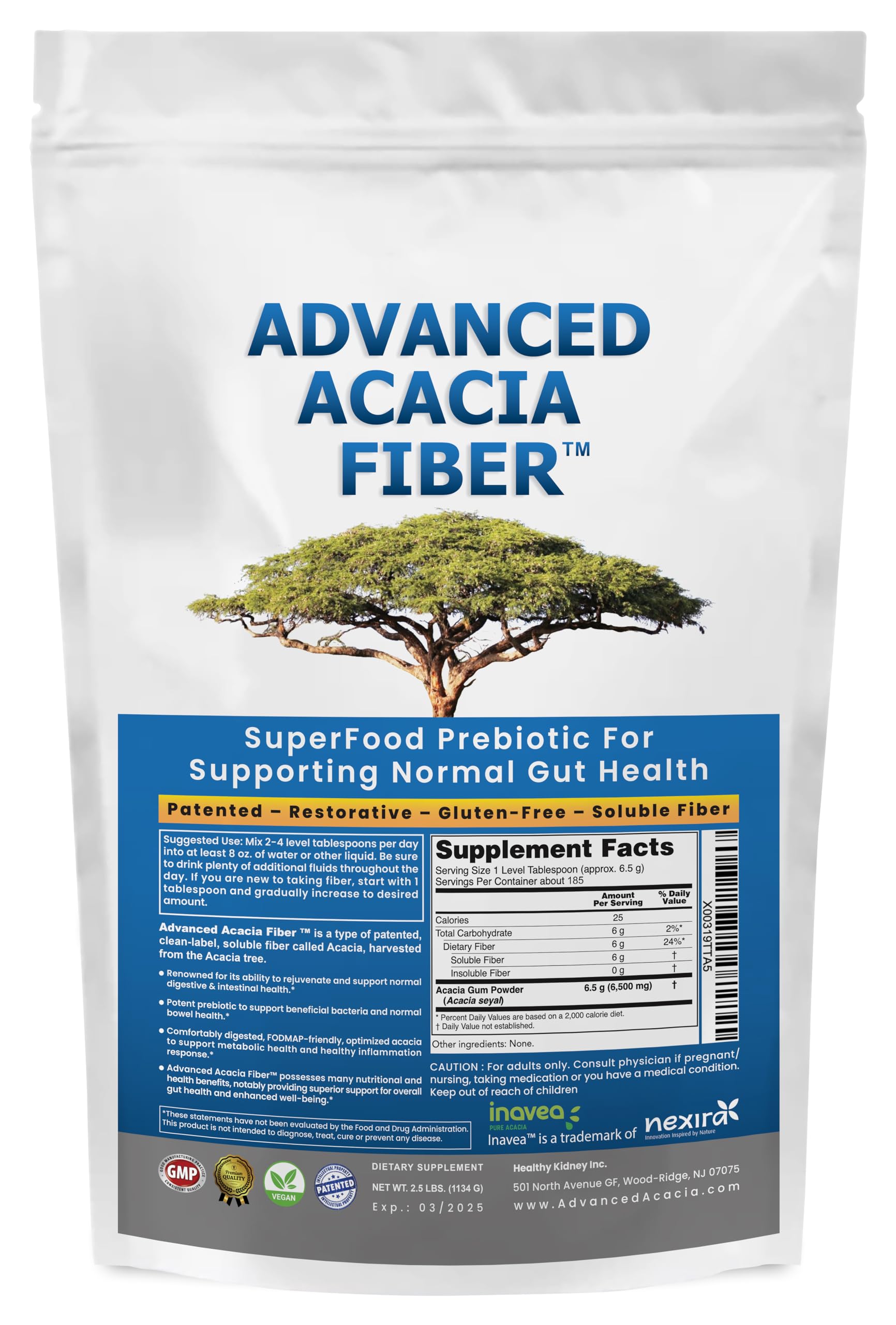 Kidney Restore Advanced Acacia Fiber Powder bottle highlights organic soluble fiber for daily gut support.