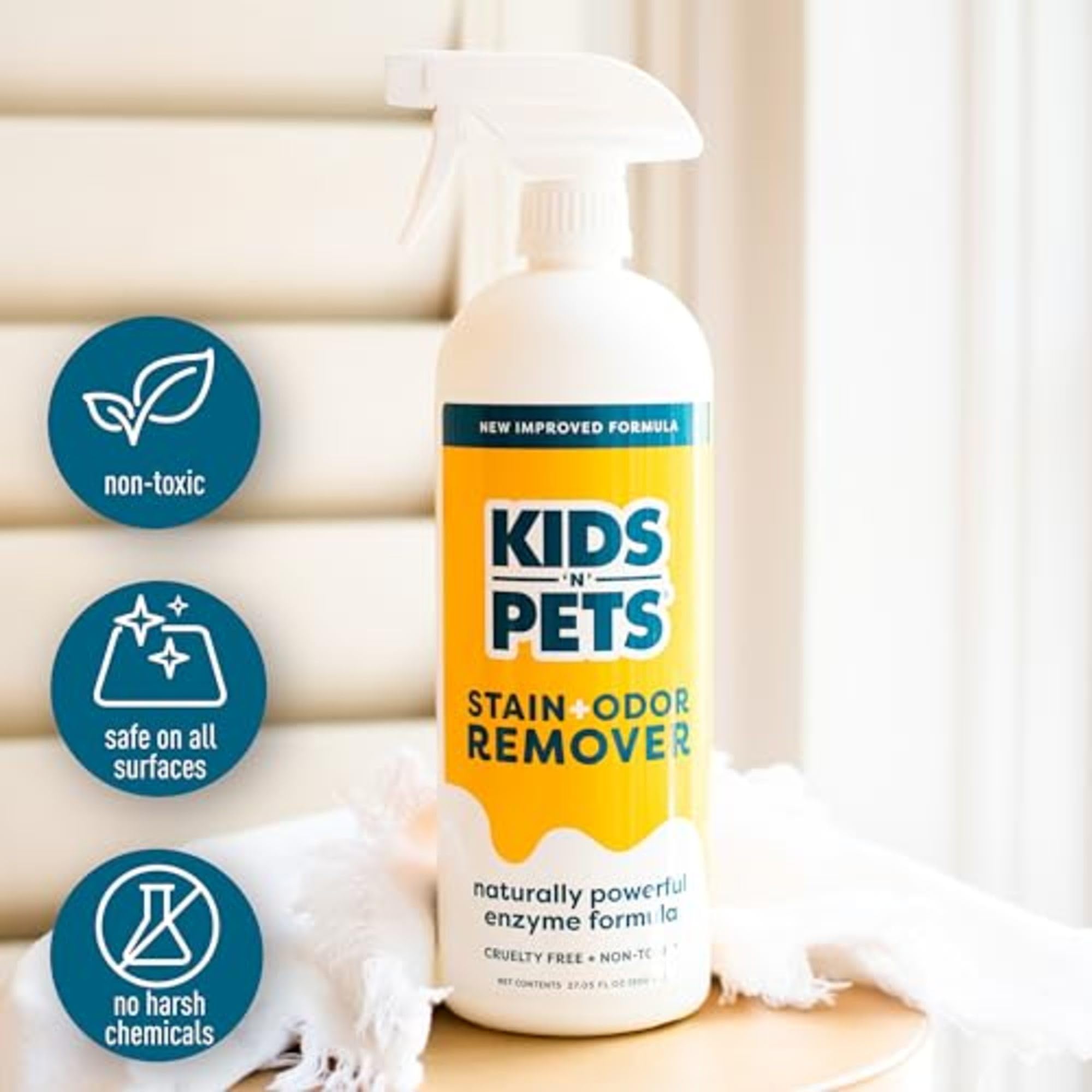 KIDS N PETS label closeup highlighting patented odor-neutralizing formula