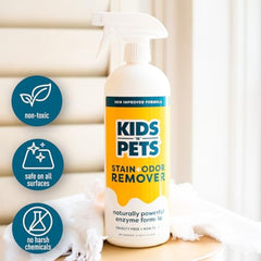 KIDS N PETS label closeup highlighting patented odor-neutralizing formula