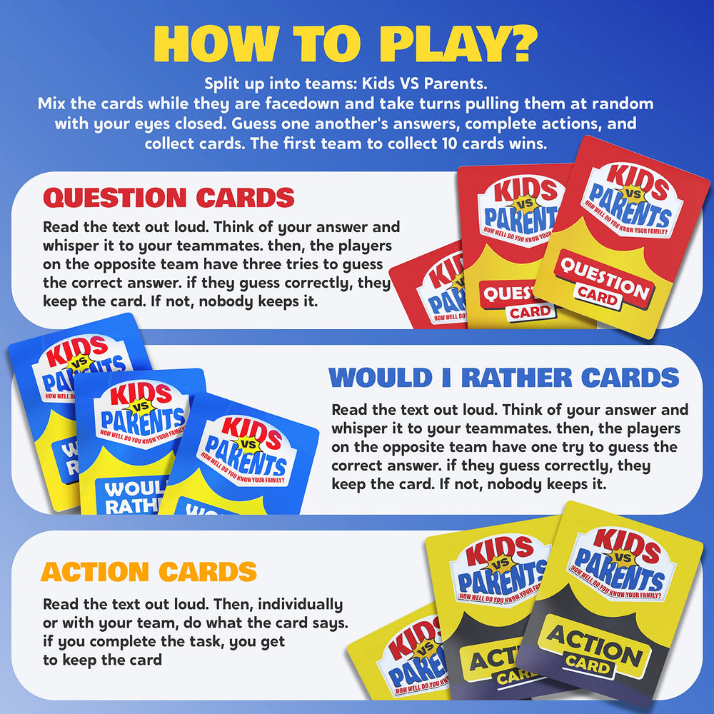 Kids VS Parents family night scene with players laughing and shuffling cards.