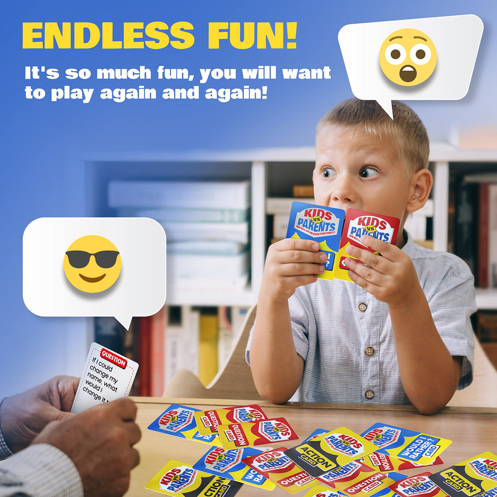 Kids VS Parents travel edition on a car table for screen-free road trip fun.