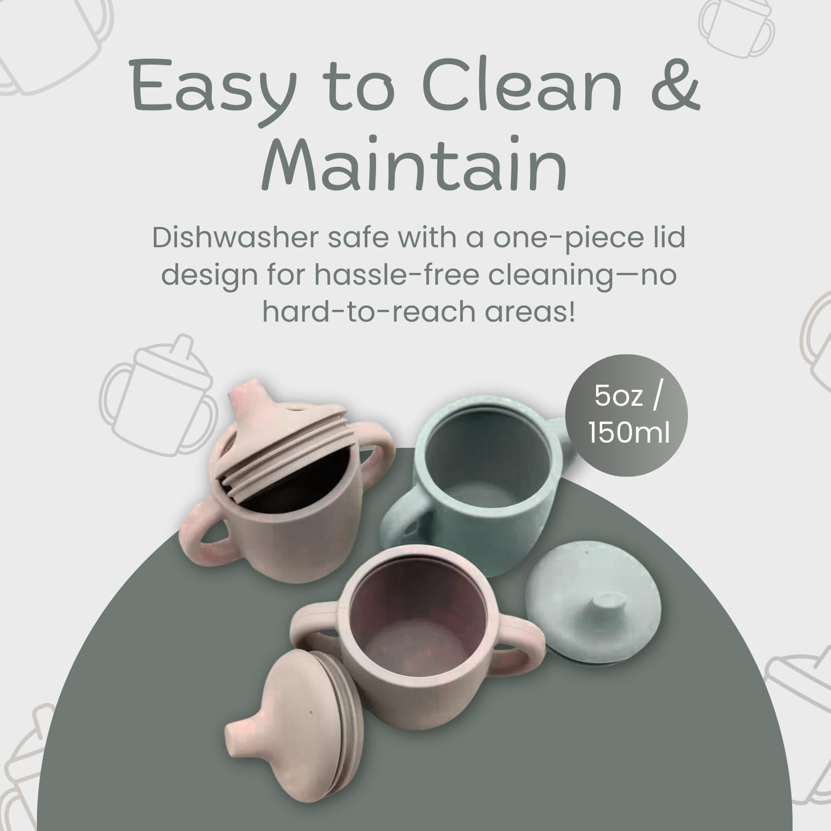 KIDSco silicone sippy cups are dishwasher safe for quick, effortless cleanup.