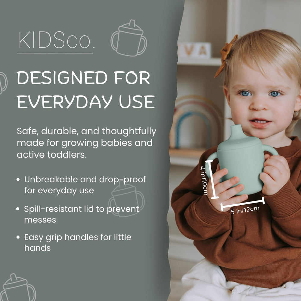 KIDSco silicone sippy cups with easy grip handles help little hands stay secure.