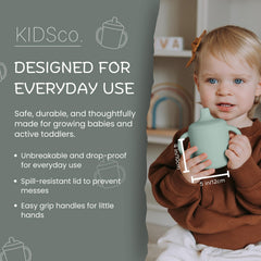 KIDSco silicone sippy cups with easy grip handles help little hands stay secure.