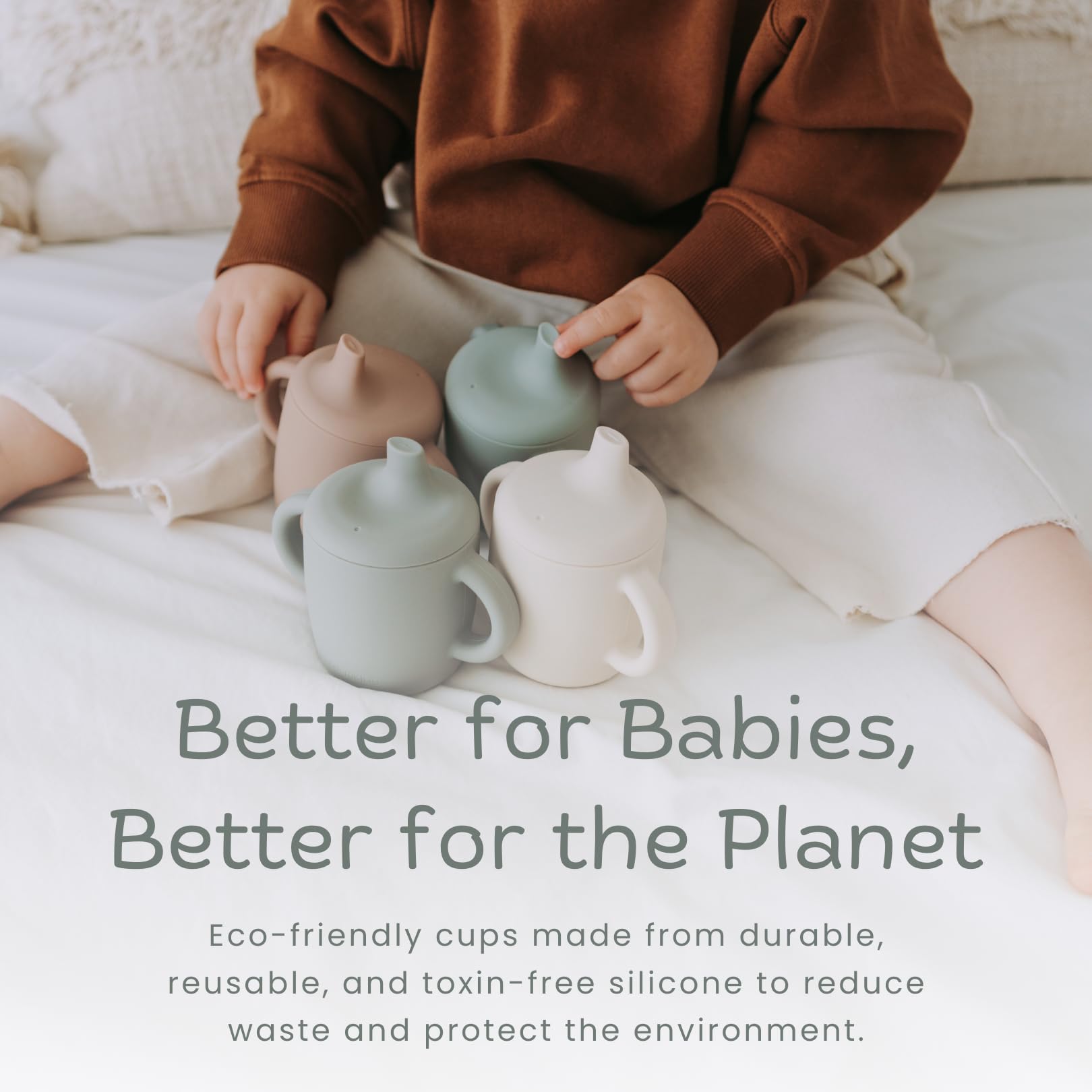 KIDSco silicone sippy cups in green and sandy shore offer a kid-friendly look.