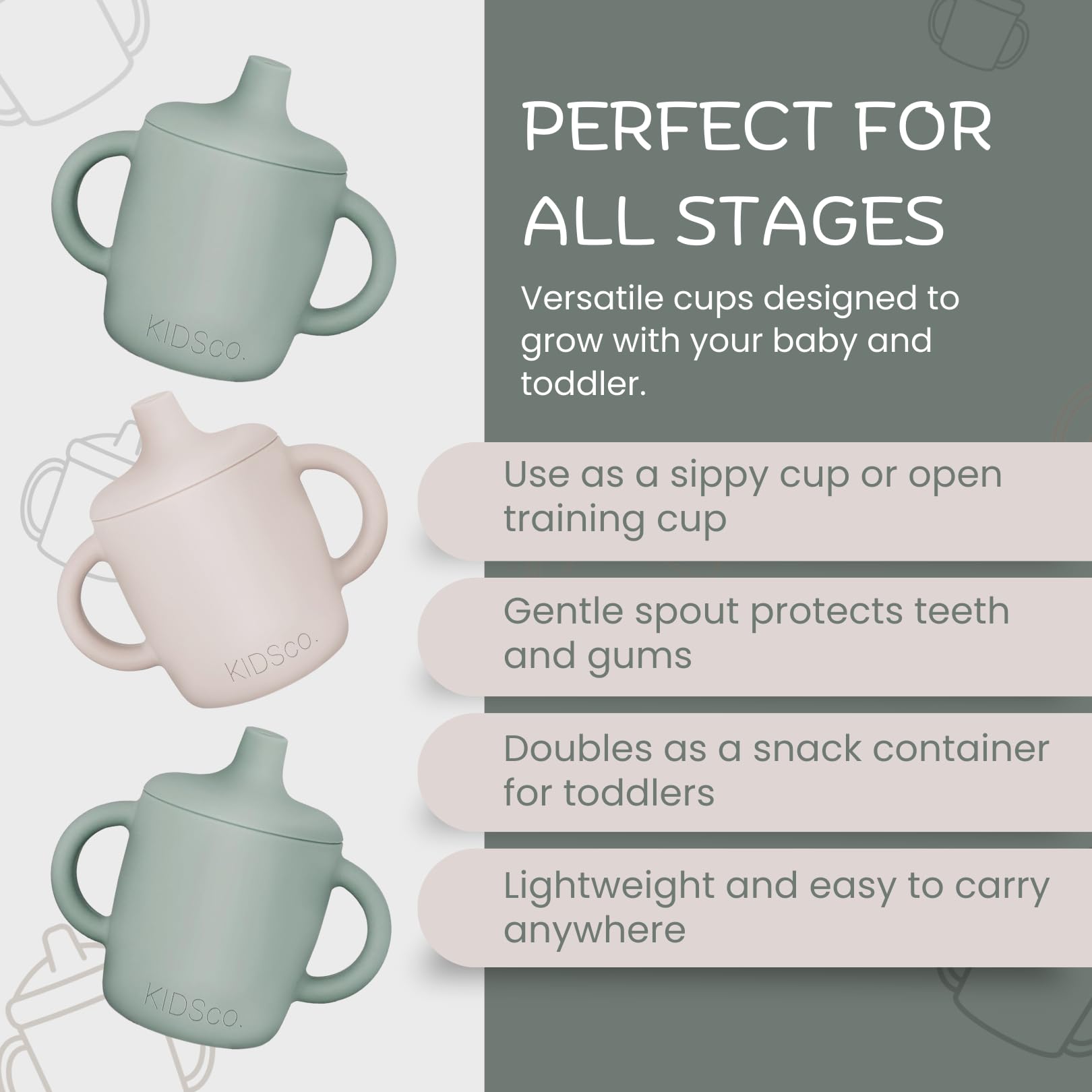 KIDSco sippy cups leak-resistant design reduces spills during meals or travel.