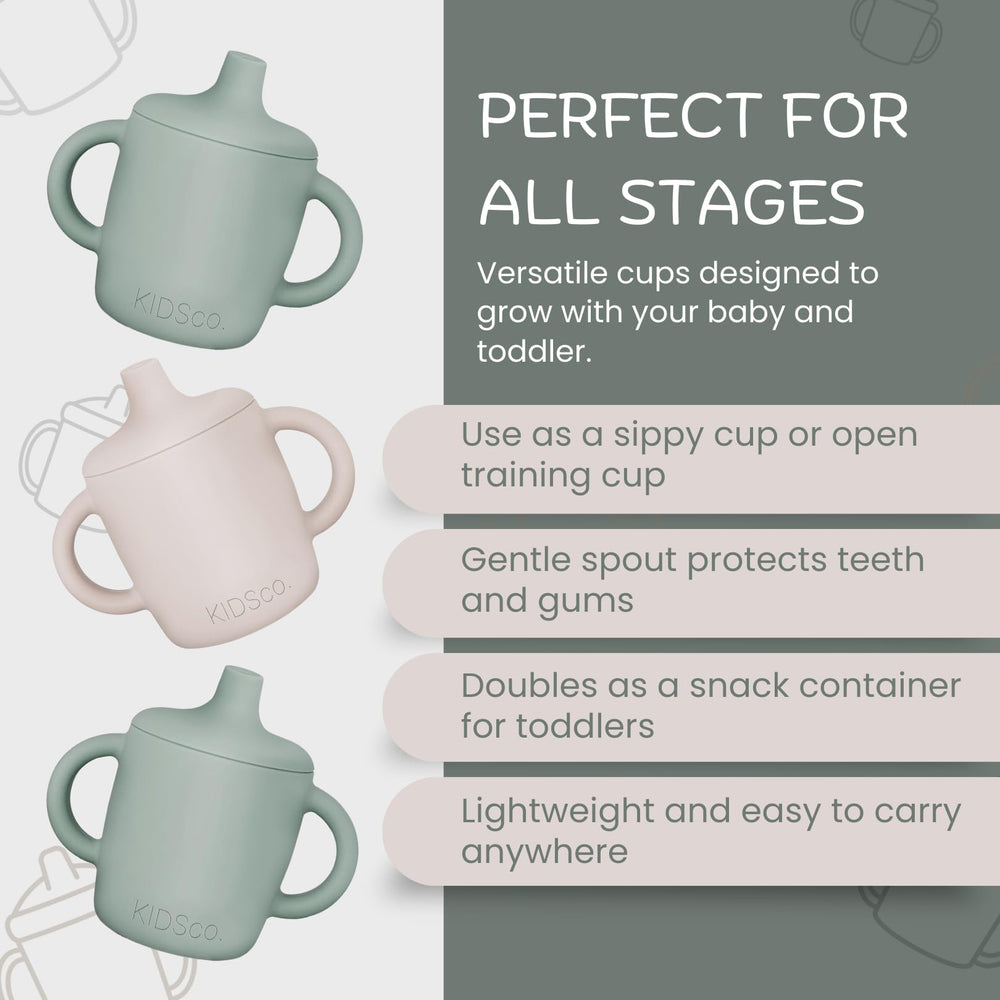 KIDSco sippy cups leak-resistant design reduces spills during meals or travel.