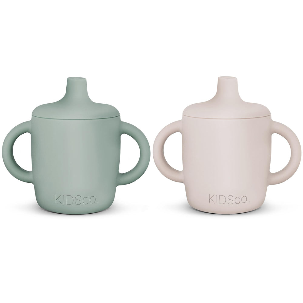 KIDSco silicone sippy cups with soft spout, gentle on teeth for early transition.
