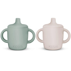 KIDSco silicone sippy cups with soft spout, gentle on teeth for early transition.
