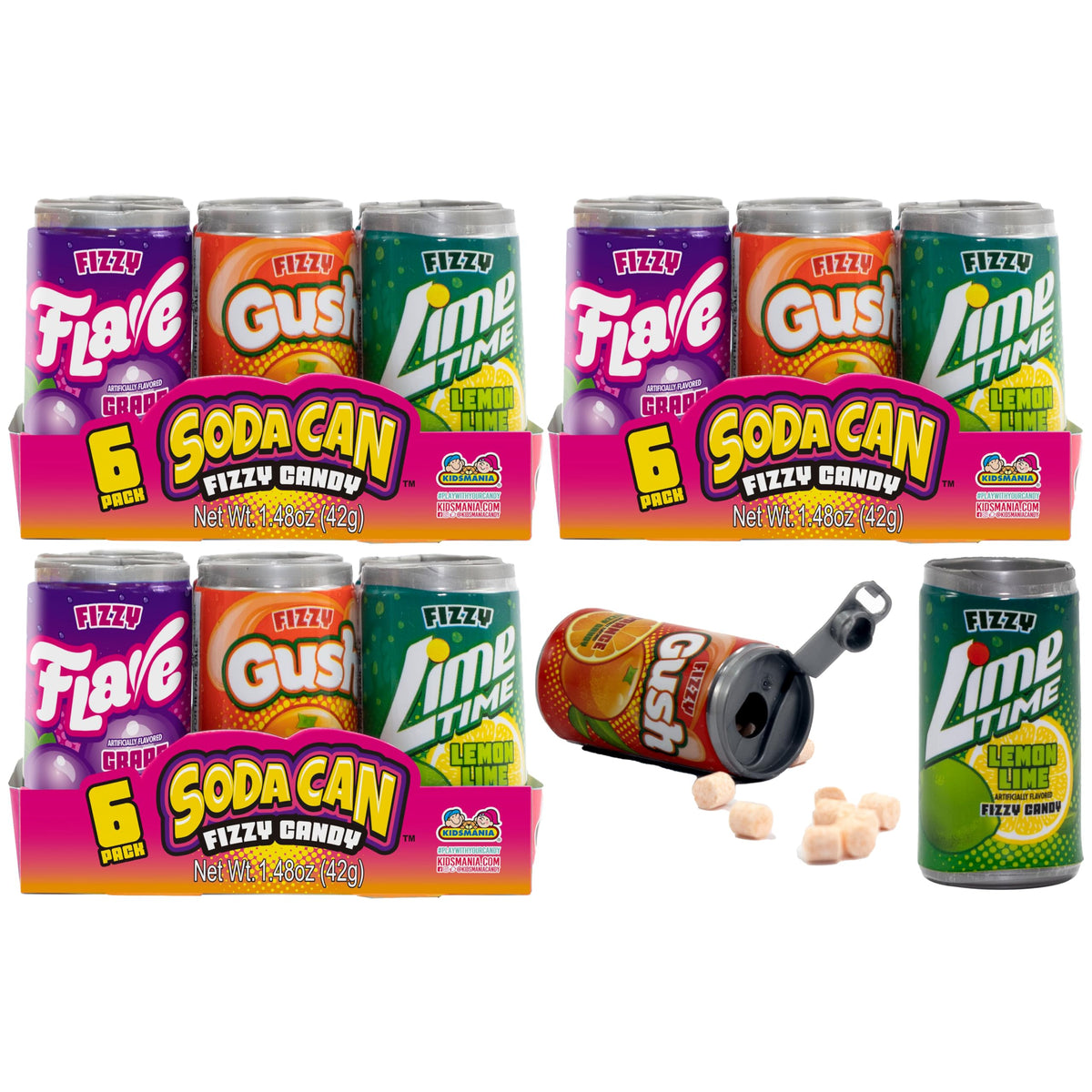 Kidsmania mini soda can fizzy candy pack, colorful cans for party favors.