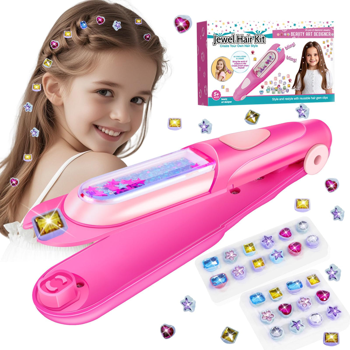 Kidzkube Hair Gem Stamper Kit packaging showing an easy at-home styling setup.