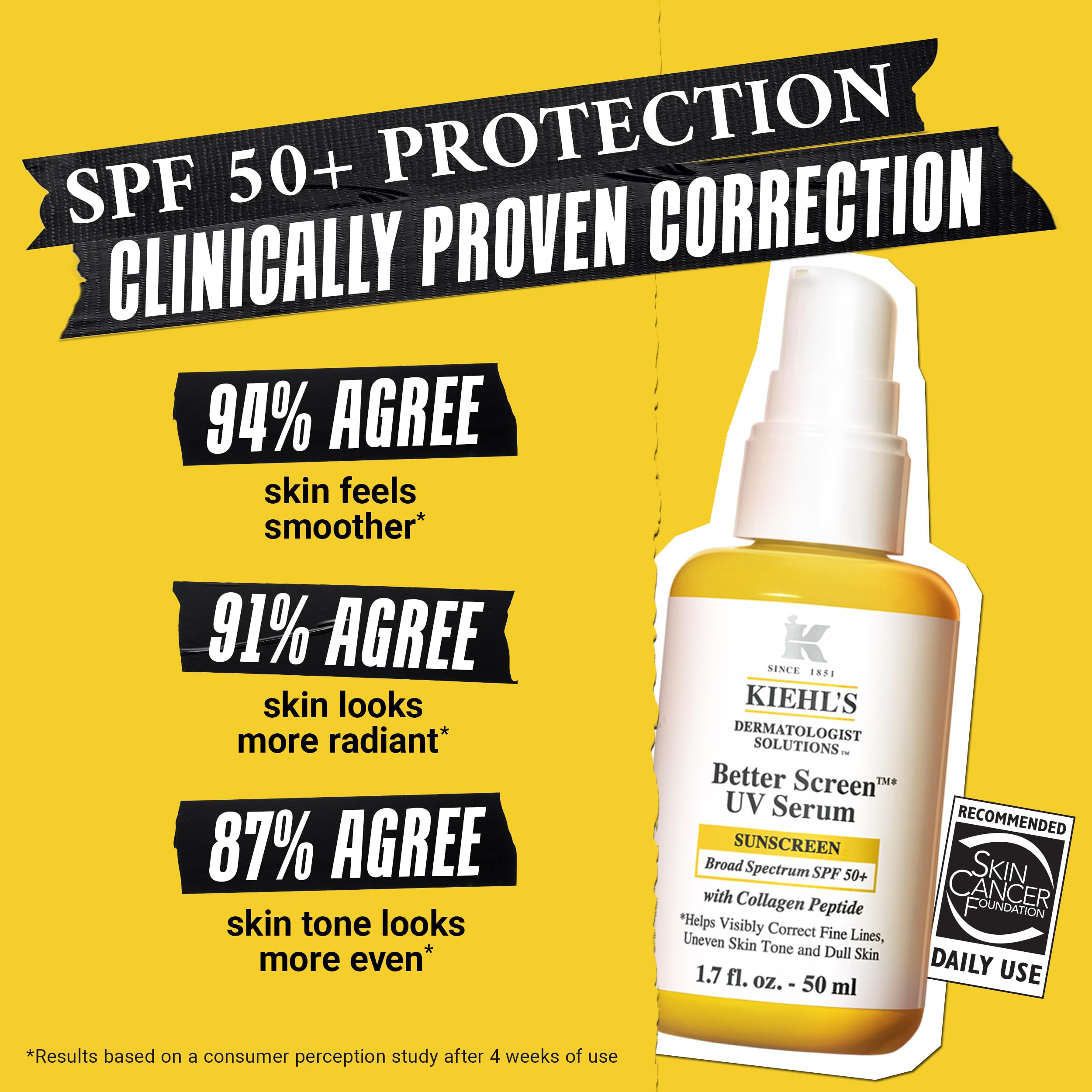 Kiehl's Better Screen UV Serum SPF50 label signaling strong UVA/UVB protection.