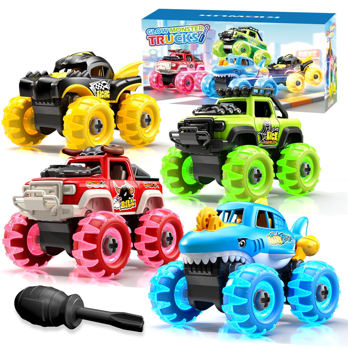 Kigwux 4 pack monster trucks with light-up wheels spark engaging play for toddlers