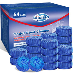 KIISIISO 54-pack blue toilet tablets in tank for continuous cleaning.