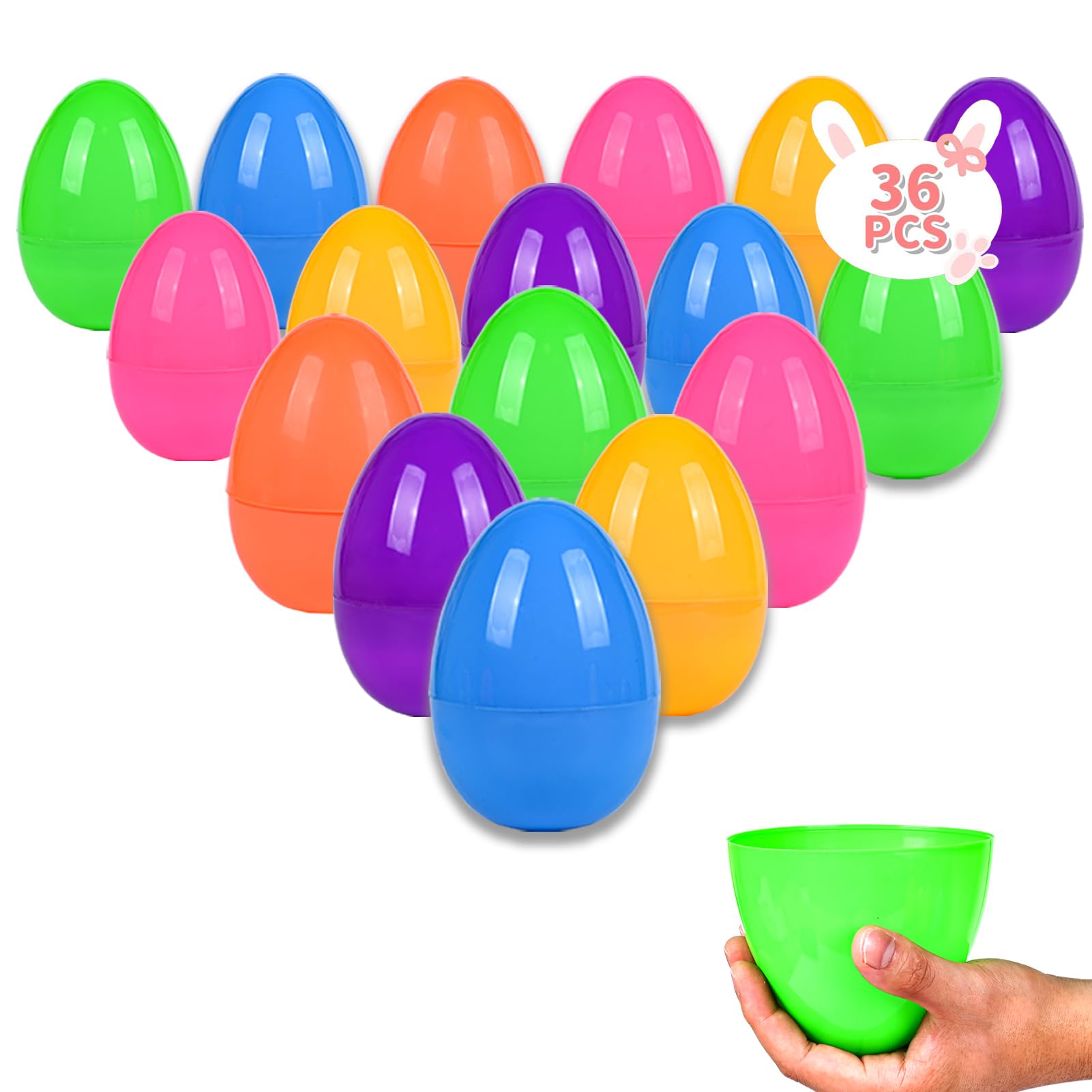 Kijamilee 36-piece Easter eggs in bright colors ideal for egg hunts and party favors.