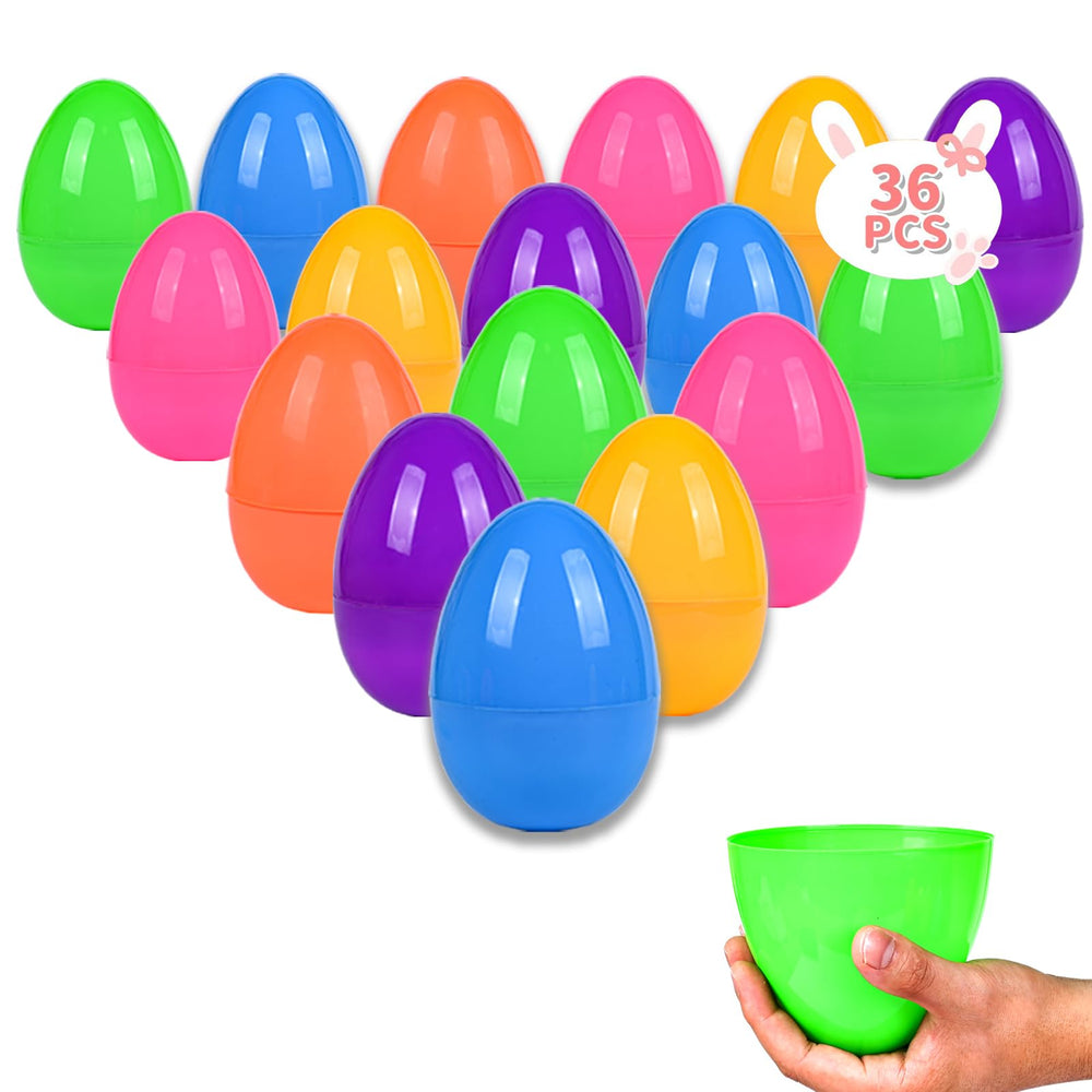 Kijamilee 36-piece Easter eggs in bright colors ideal for egg hunts and party favors.