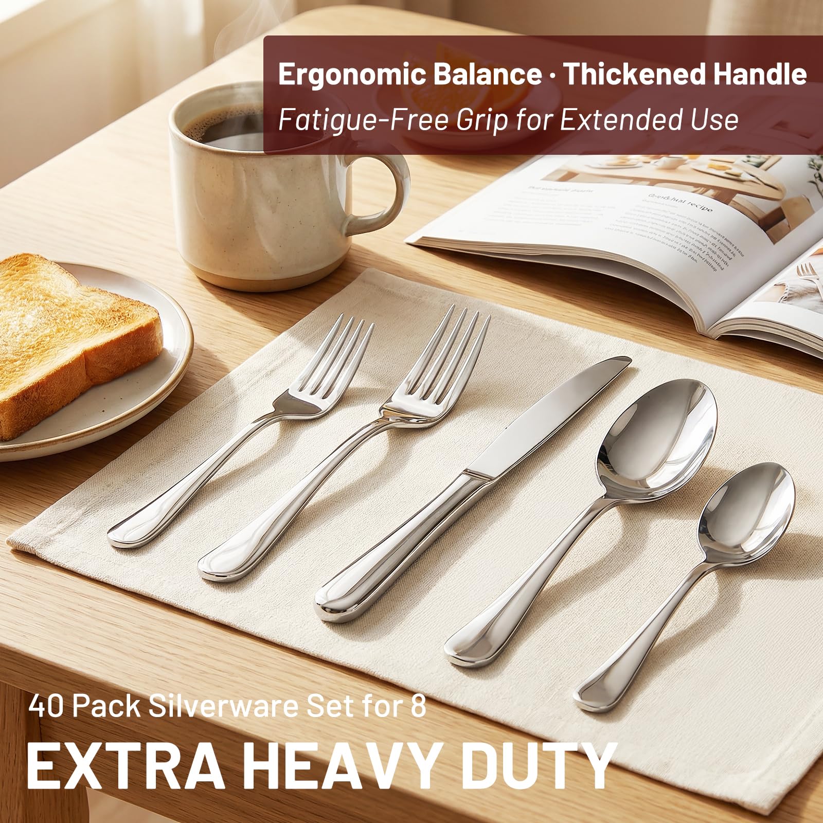 Kikcoin heavy-duty stainless steel flatware ergonomic grip for comfortable dining.