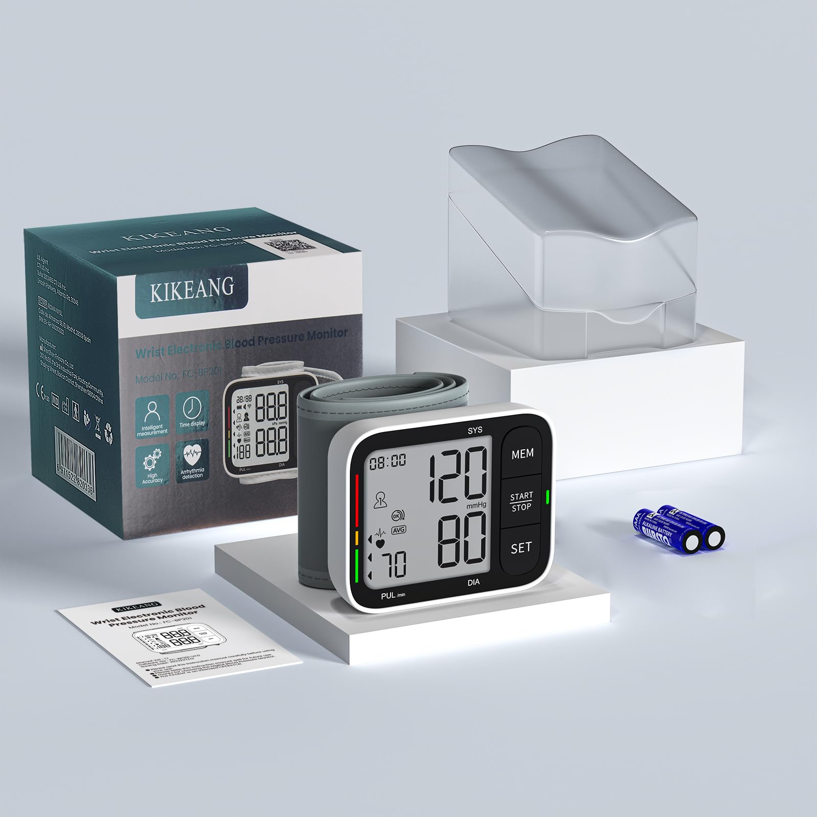 KIKEANG blood pressure cuff wrist batteries included for quick setup