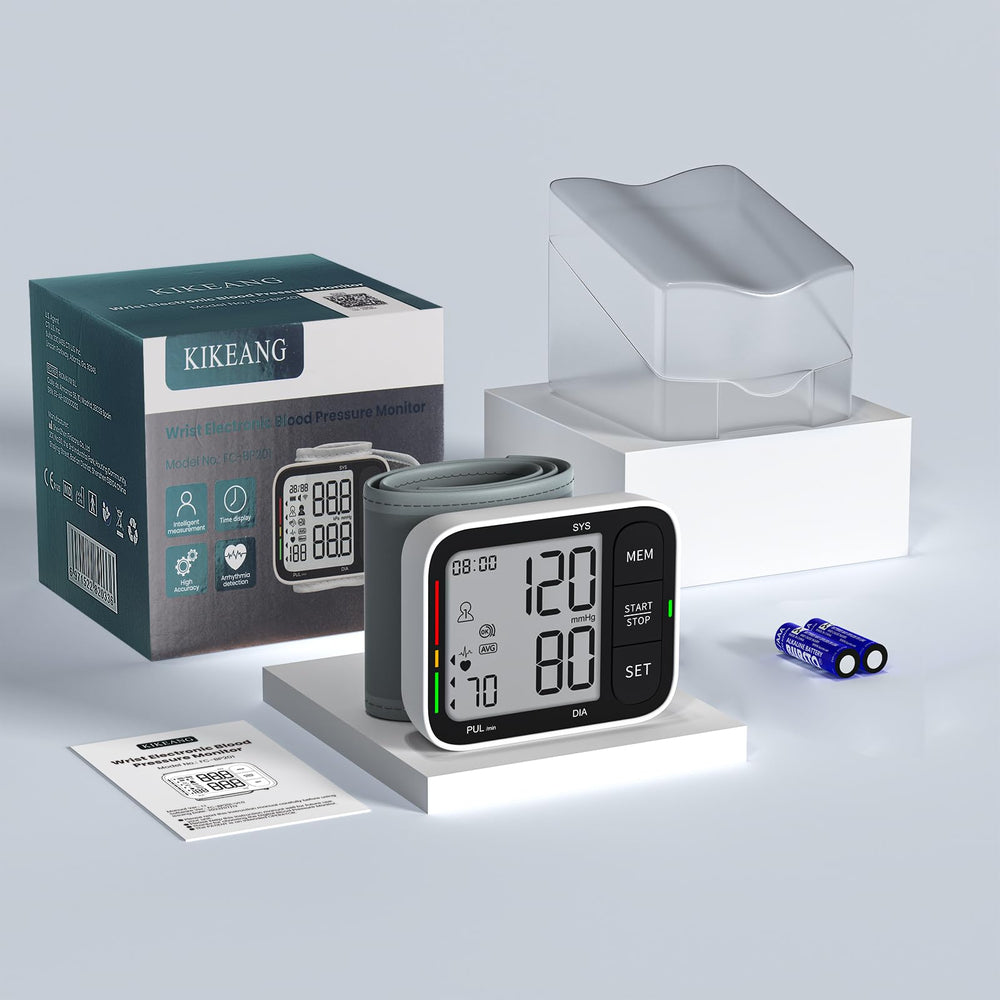 KIKEANG blood pressure cuff wrist batteries included for quick setup