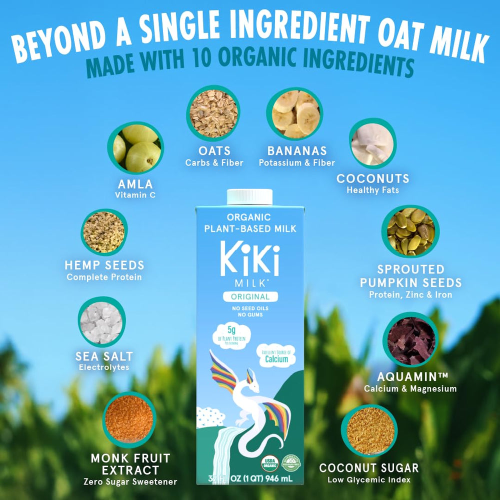 Kiki Milk calcium-magnesium-boost bottle highlights essential minerals in a plant-based drink