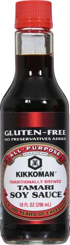 Kikkoman Gluten Free Tamari label closeup highlighting non-GMO soybeans