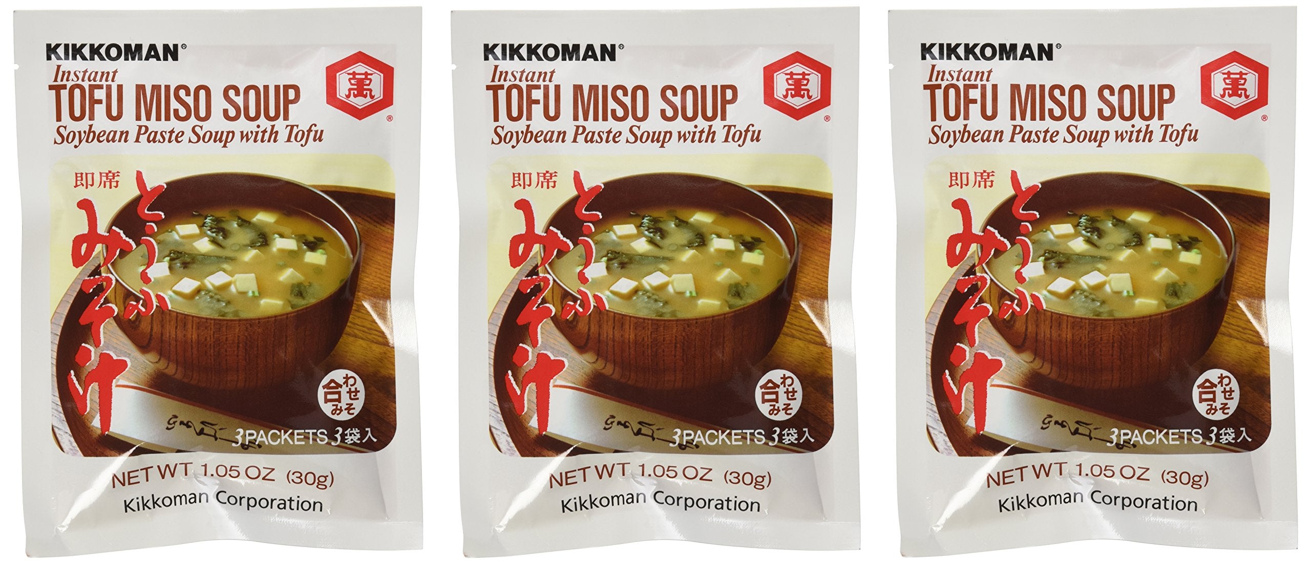 Kikkoman Instant Tofu Miso Soup packaging shows three packs with nine individual portions, for quick meals.