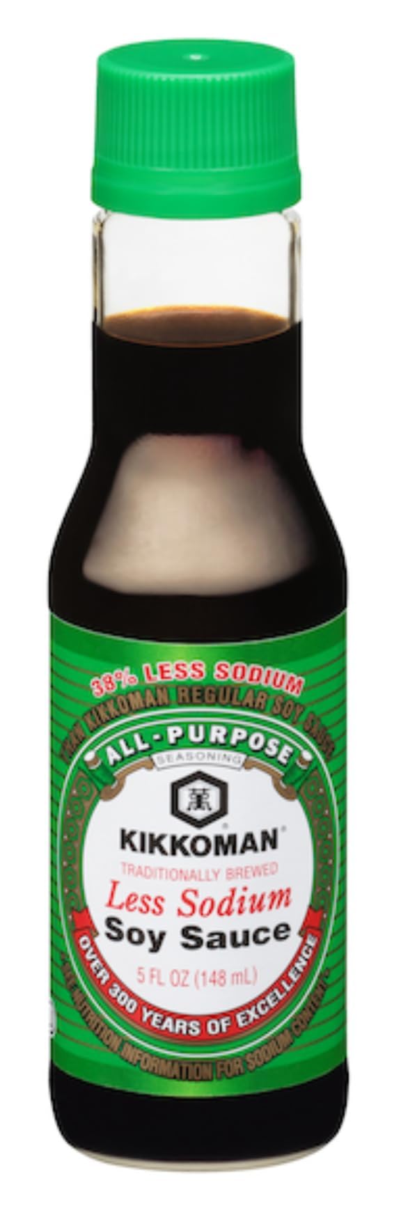 Kikkoman Less Sodium soy sauce bottles beside dipping plate for versatile use.