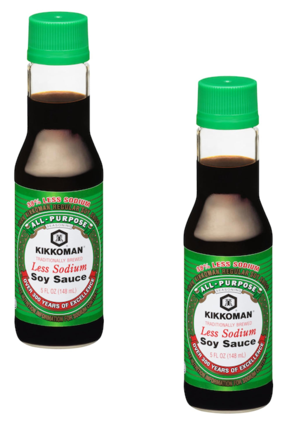 Kikkoman Less Sodium soy sauce bottles pack 2 on kitchen counter for easy seasoning.