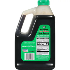 Kikkoman Lite Soy Sauce label closeup noting Kosher status and size.