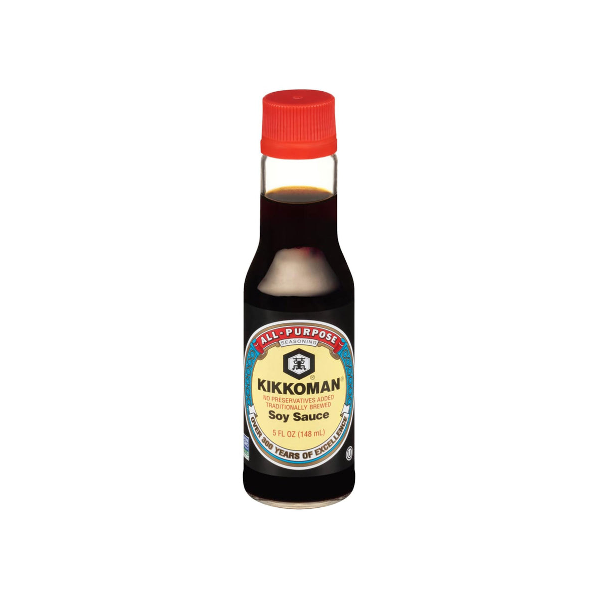 Kikkoman Naturally Brewed Soy Sauce bottle pouring into a dish for savory marinades.
