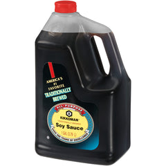 Close-up of Kikkoman Traditionally Brewed Soy Sauce shows deep reddish-brown color and aroma.