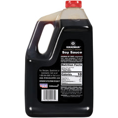 Kikkoman soy sauce pours over a dish, illustrating its use as a flavor enhancer.