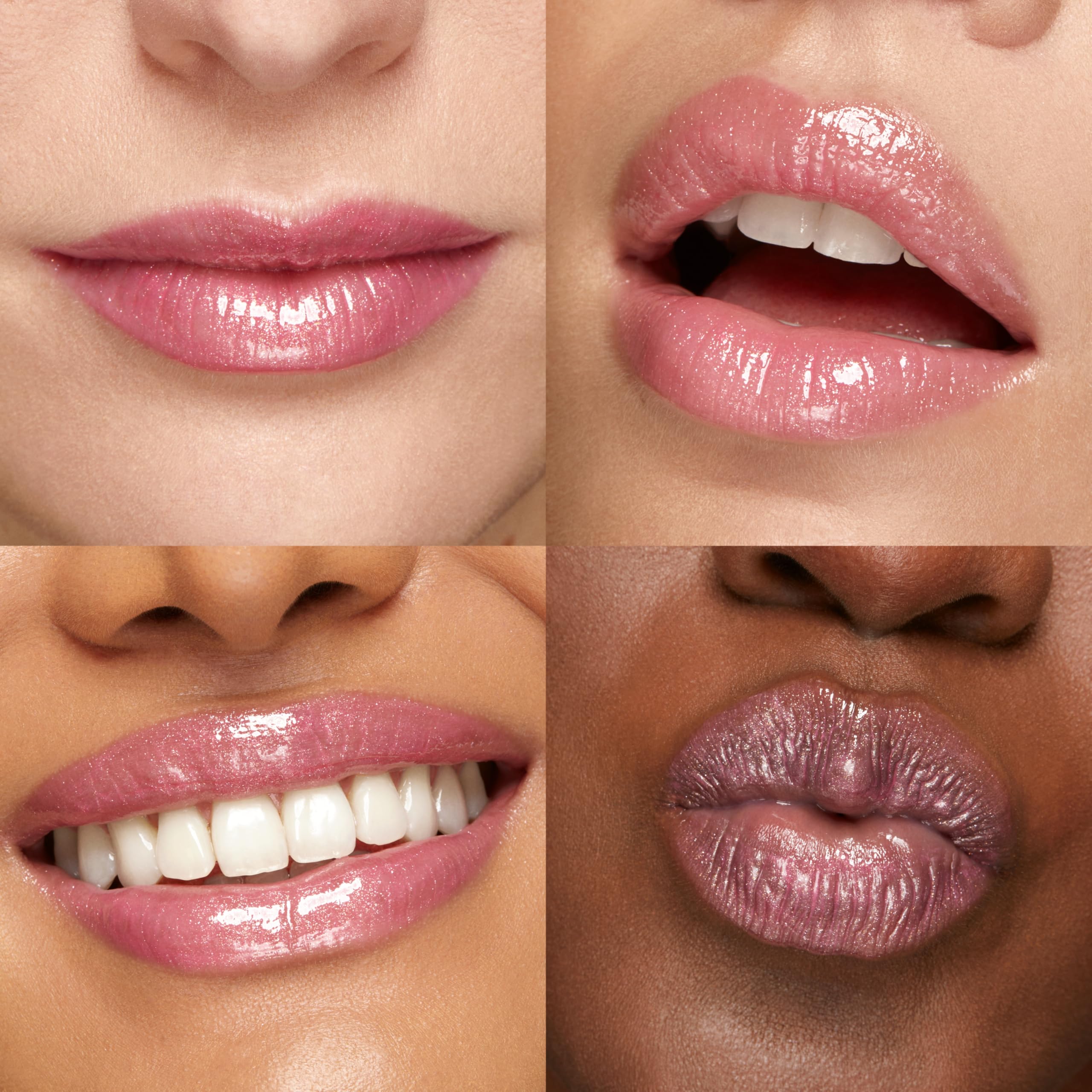 Lips with Sparkling Hibiscus Pink gloss for glossy, hydrated look.