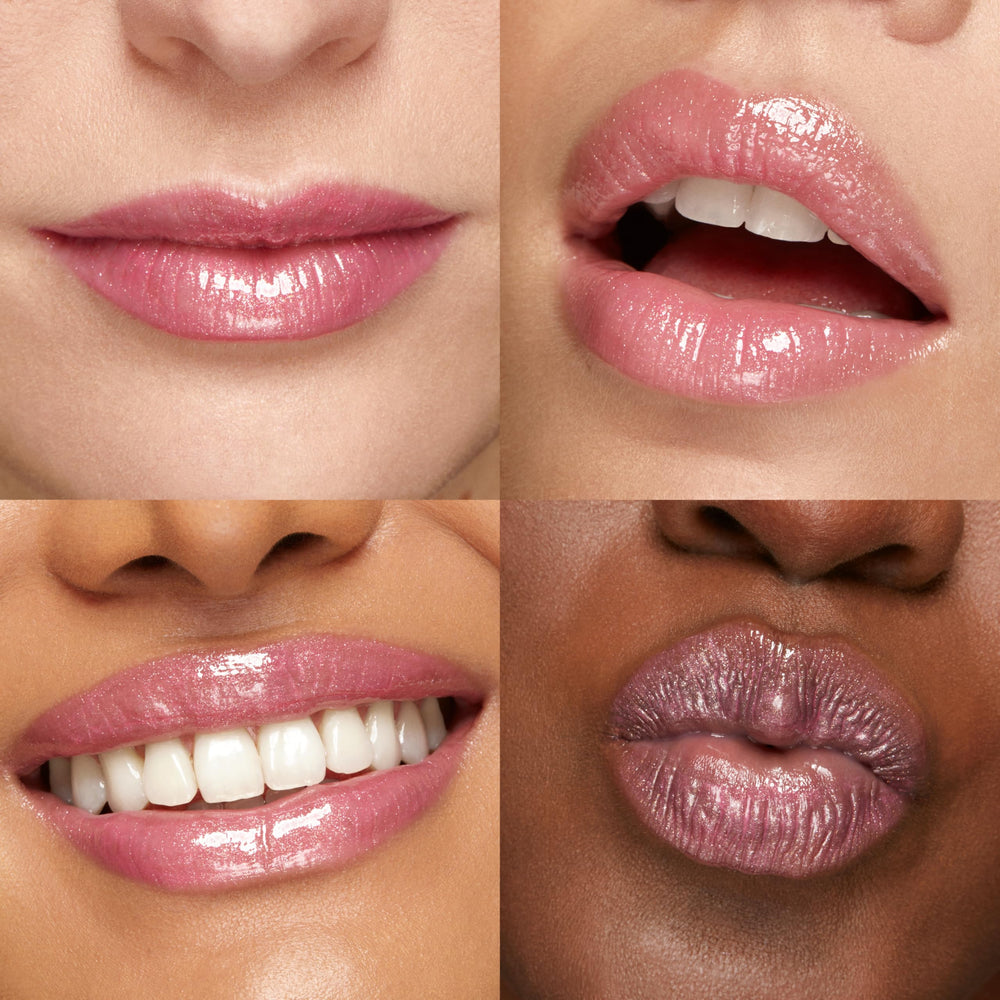 Lips with Sparkling Hibiscus Pink gloss for glossy, hydrated look.