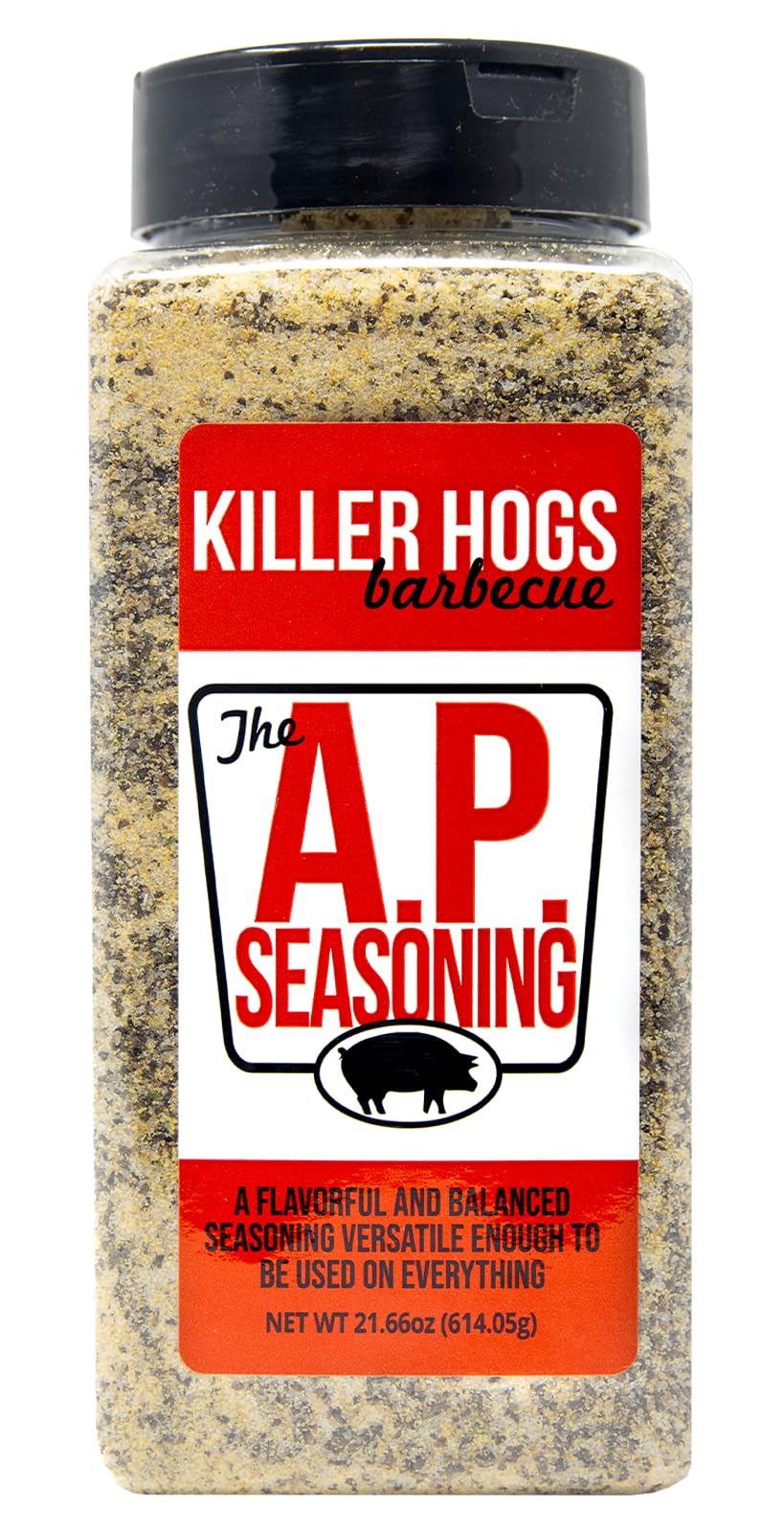 Killer Hogs AP Seasoning bottle and label, boosting beef flavor for grilled steaks.